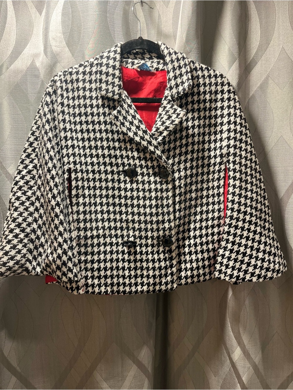 Houndstooth Peacoat Cape with Red Lining - Women